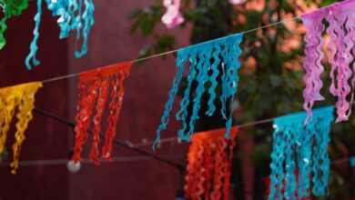 Local Festivals - Vibrant festival banners hang on a street in Ciudad de México, CDMX, México.