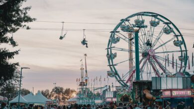 Festival Tickets - Crowd enjoying an amusement park with Ferris wheel and rides at sunset.