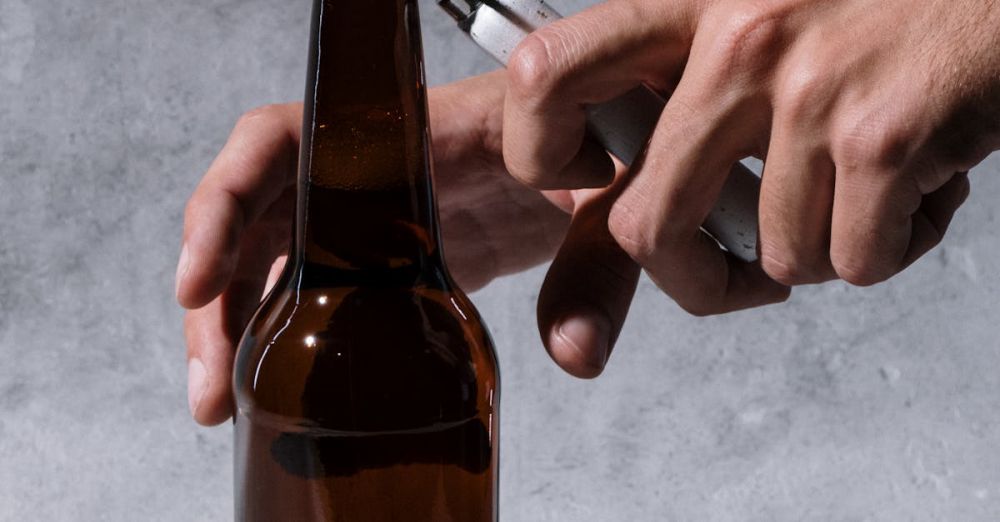 Craft Beverages - Close-up of hands using a lighter to open a craft beer bottle, shot in a studio setting.