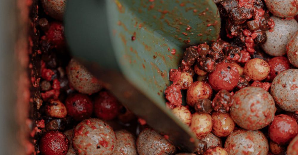 Fishing Spots - Detailed shot of various fish baits including tiger nuts and boilies in a scooper.