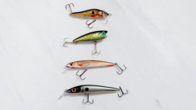 Pike Fishing - Variety of fishing lures arranged on a white surface for equipment showcase.
