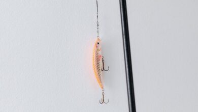 Tackle Shops - Detailed close-up of a fishing lure attached to a fishing rod, perfect for angling or fishing enthusiasts.