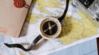 Safari Planning - Compass and camera on a vintage map flat lay, perfect for travel planning and navigation themes.