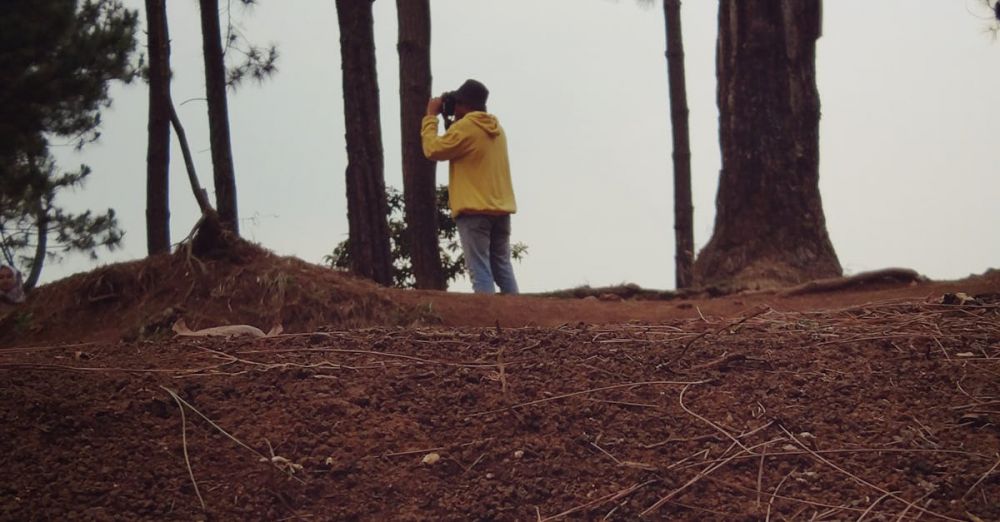 Bird Watching - A man in a yellow jacket uses binoculars in a serene forest setting.