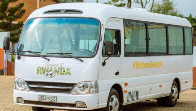 Safari Tours - A white tourist bus with TemberuRwanda branding parked outdoors in Rwanda.