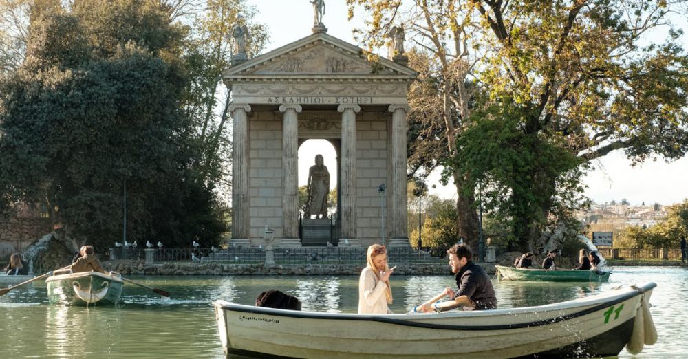 Couple Tours - Couple enjoying a romantic boat ride near the Temple of Asclepius, Rome's picturesque landscape.