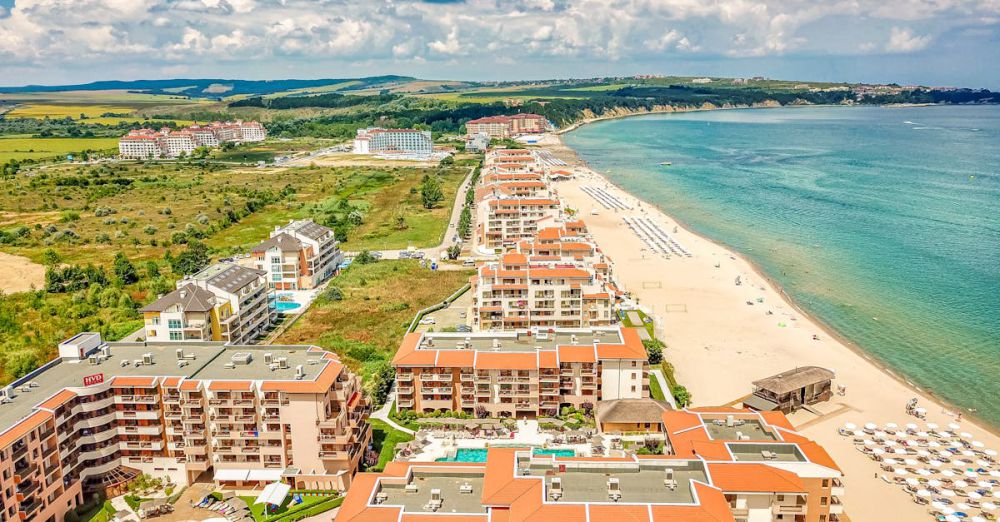 Spas - Stunning aerial view of beachside resorts and scenic coastline in Obzor, Bulgaria.