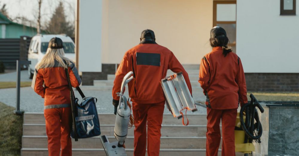 Vacuum Cleaners - Cleaning crew in red uniforms with equipment approaching a modern house exterior.