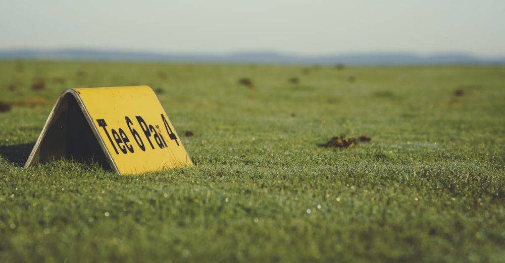 Golf Trip - Close-up of a Tee 6 Par 4 sign on a golf course green field under clear skies.