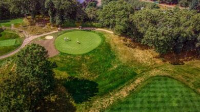 Tournament Courses - Aerial view of a lush golf course surrounded by trees, showcasing the vibrant greens under a sunny sky.