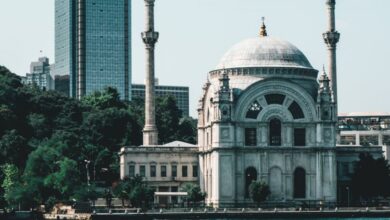 Cultural Tours - Scenic view of a historic mosque and modern skyline by the water, under a clear sky.