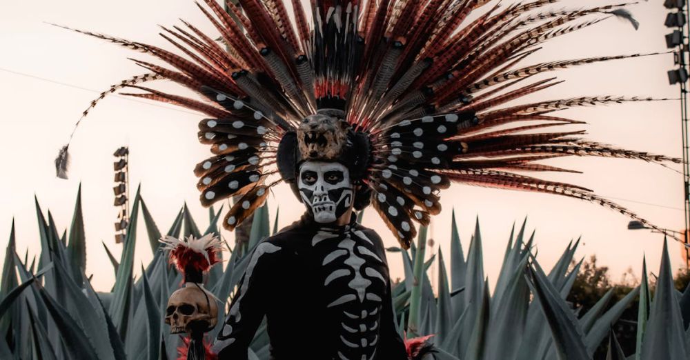 Indigenous Rituals - A man in traditional Mexican festival attire with a feathered headdress stands among large agave plants.