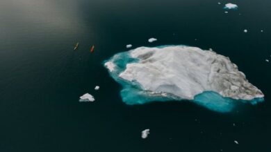 Kayaking Destinations - Drone shot capturing colorful canoes navigating near a large iceberg in cold waters. Winter adventure scene.