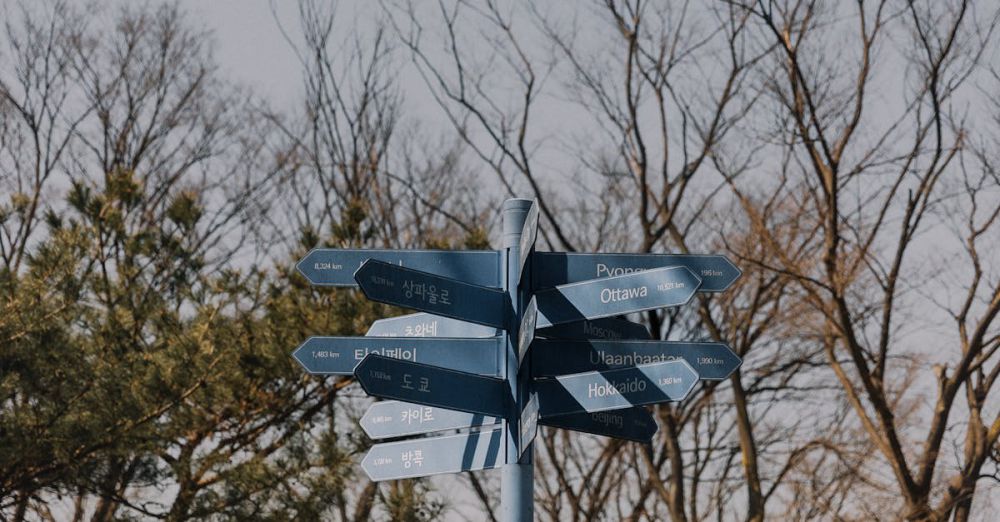 Scenic Locations - A directional signpost stands amidst barren trees in a serene autumn setting.