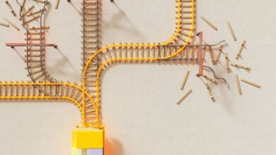 Beginner Routes - Creative illustration of train tracks on wooden blocks, depicting decision making concepts.