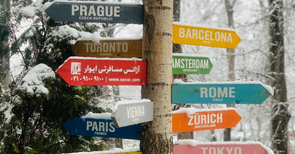 Beginner Locations - Colorful signpost displaying international city names against a snowy background.