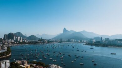 Popular Locations - Captivating aerial view of Rio de Janeiro's skyline and coastline under clear blue skies.