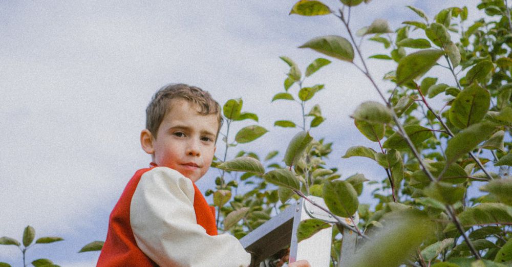 Quebec Climbing - Portrait of a young boy climbing a ladder surrounded by green foliage under a partly cloudy sky.