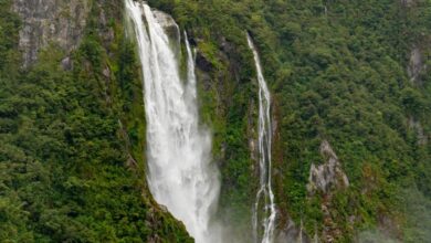 Adventure Tours - Tour boat approaches stunning waterfall in a mist-covered fjord, capturing nature's grandeur and serene beauty.