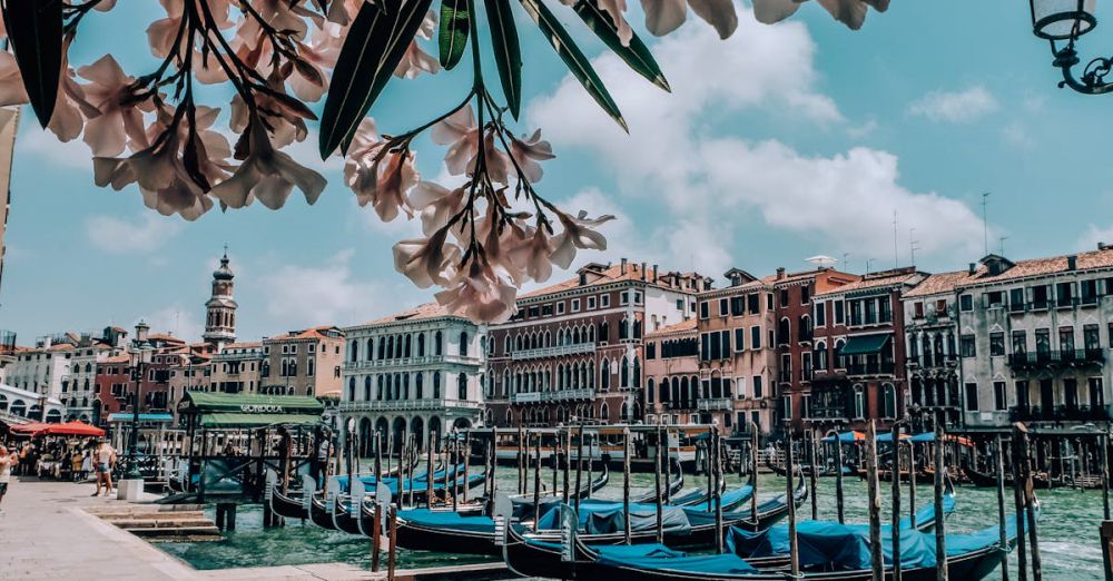 Scenic Tours - Beautiful view of Venice with gondolas on the canal, historic architecture, and blooming flowers.