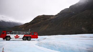 Alberta Glacier Tours - Red Ice Explorer bus on Athabasca Glacier under cloudy sky in Jasper National Park.