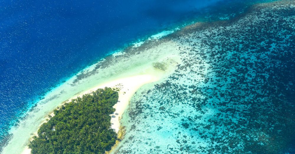 Surfing Spots - Stunning aerial view of a secluded tropical island with lush greenery and surrounding coral reefs.