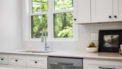 Dishwashers - Contemporary white kitchen interior with natural light, featuring a sink and window view of greenery.