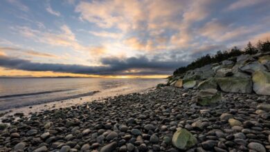 BC Surfing - Beautiful sunset over a rocky beach in Courtenay, BC, with dramatic clouds and calm sea.