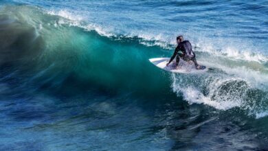 Surfing Skills - A thrilling capture of a surfer skillfully riding a wave in the open ocean, showcasing the excitement of surfing.