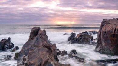 Nova Scotia Surfing - Dramatic sunset over rocky seashore in Vila Nova de Gaia, capturing vibrant and moody ocean scenery.