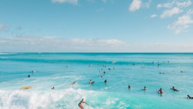 Surfing Lessons - A vibrant aerial photo capturing surfers enjoying waves in clear turquoise waters under a bright sky.