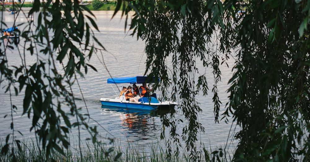 Family Tours - A serene scene of people enjoying a paddle boat ride on a tranquil river surrounded by lush trees.