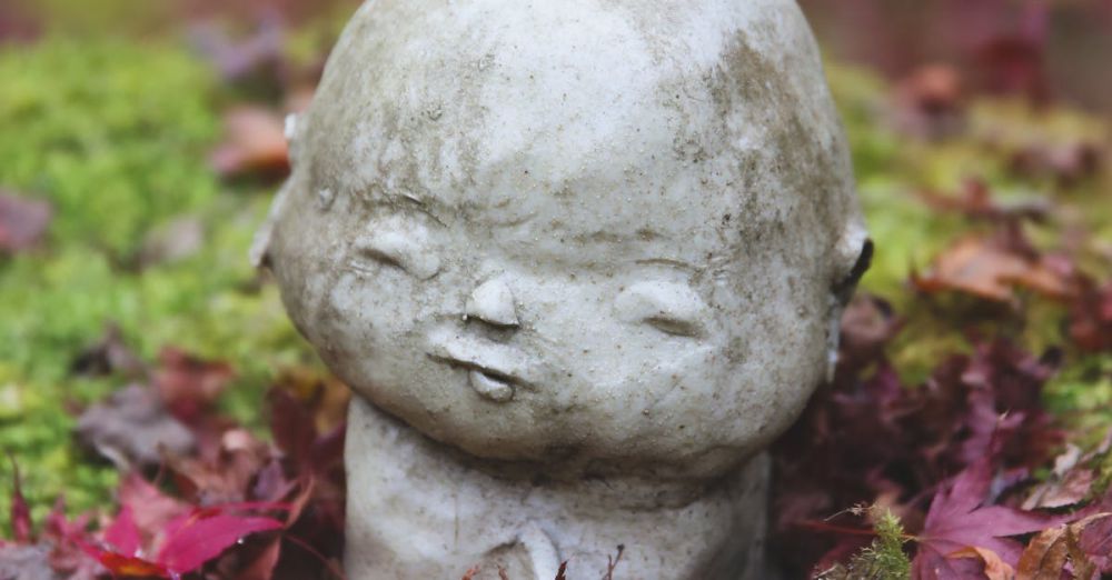 National Park Foliage - From above of religious statue in oriental style placed on mossy ground with withered leaves in Japanese garden on blurred background on