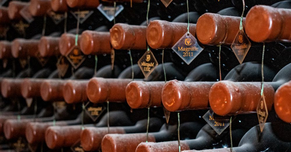 Wine Tours - Rows of vintage 2011 wine bottles stored horizontally in a dimly lit cellar.