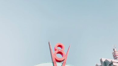 Family Routes - Low angle shot of the iconic Flo's V8 Cafe sign under a clear sky in Disneyland.