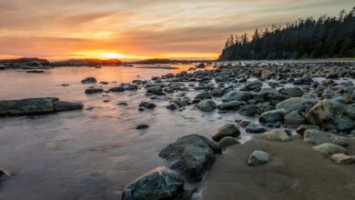 BC Trails - Beautiful sunset over a rocky beach in Vancouver Island with serene waves and vivid skies.