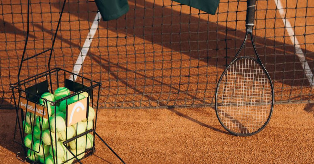 Sports Enthusiast - Tennis racket and balls with net on a clay court, captured in bright daylight.