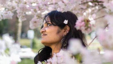 BC Gardens - A woman in a black sari enjoys cherry blossoms in springtime Vancouver park.