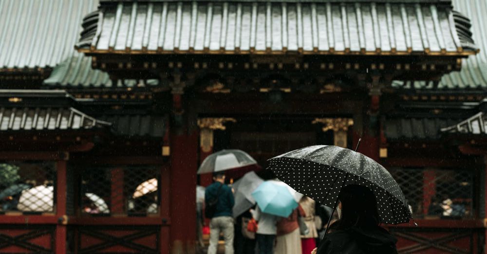 Garden Visit Planning - A child and adult walk with umbrellas on a rainy day at a traditional Japanese temple.