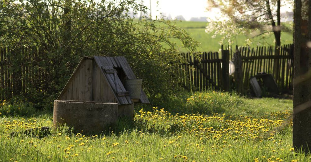 Garden Road Trip - A serene countryside scene with an old well surrounded by spring flowers and greenery.