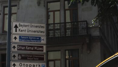 Educational Museums - Street scene in Istanbul with signs pointing to Baykent University and Orhan Kemal Museum.