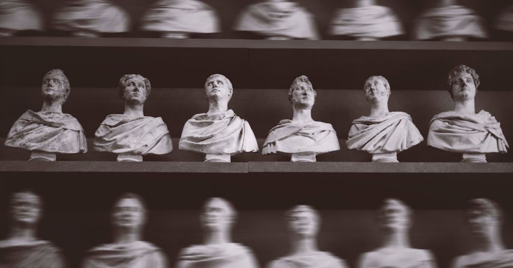 Ancient Artifacts - Black and white photo of Roman busts on display in a Florentine gallery.