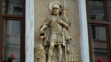 Museum Choice - Historic Roman soldier relief on building facade in Chernivtsi, Ukraine.