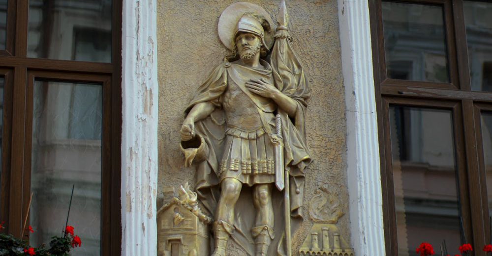 Museum Choice - Historic Roman soldier relief on building facade in Chernivtsi, Ukraine.