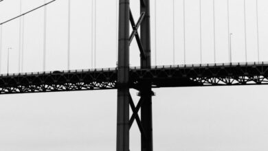 Nova Scotia Museums - A misty, black and white view of the Halifax suspension bridge crossing over the river.