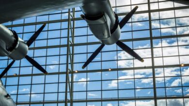 Military Museums - Close-up of airplane propellers against a bright sky at McMinnville museum.