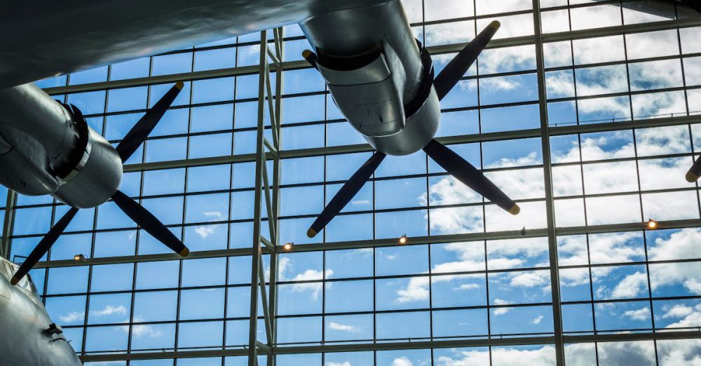 Military Museums - Close-up of airplane propellers against a bright sky at McMinnville museum.