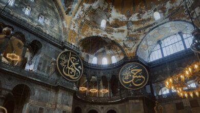 Museum Photography Tips - Stunning view of the historic Hagia Sophia's intricate dome and decorations.