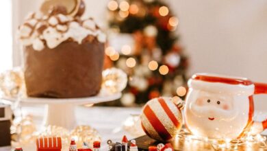 Gift Ideas - Cozy indoor Christmas scene with Santa mug, treats, and decorations.