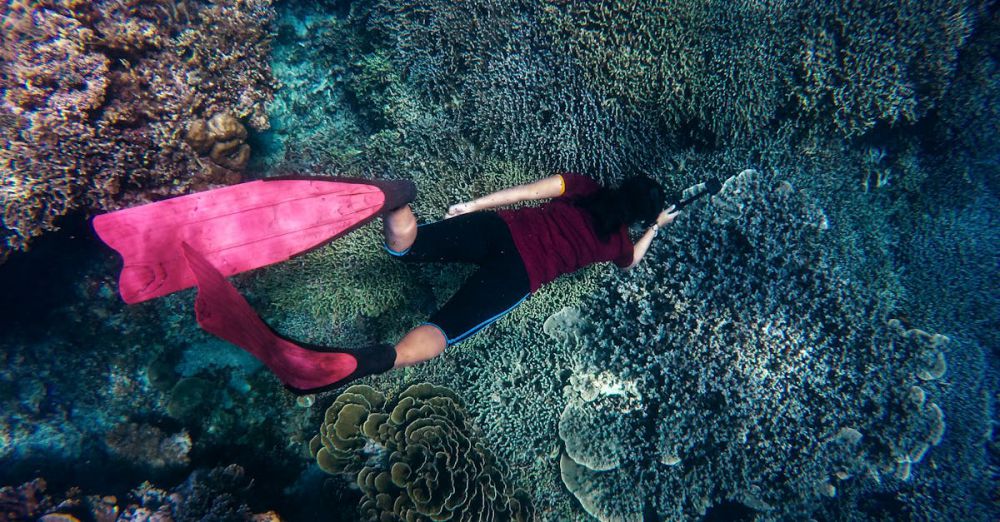 Adventure Activities - A freediver explores colorful coral reefs with pink fins in clear ocean water.